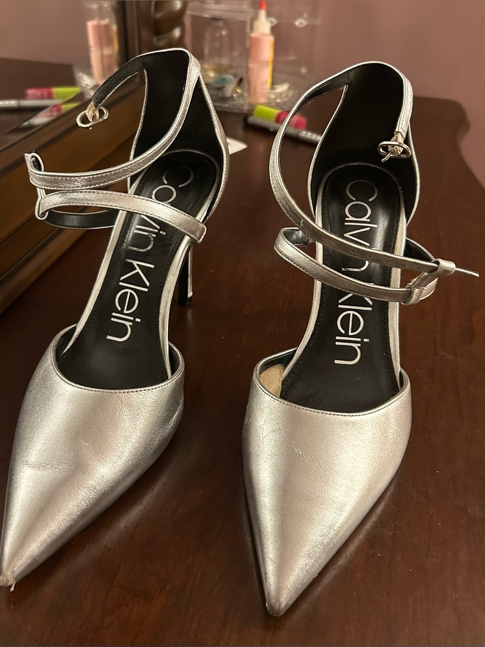 Calvin Klein Metallic Silver Pointed-Toe Ankle-Strap Heels